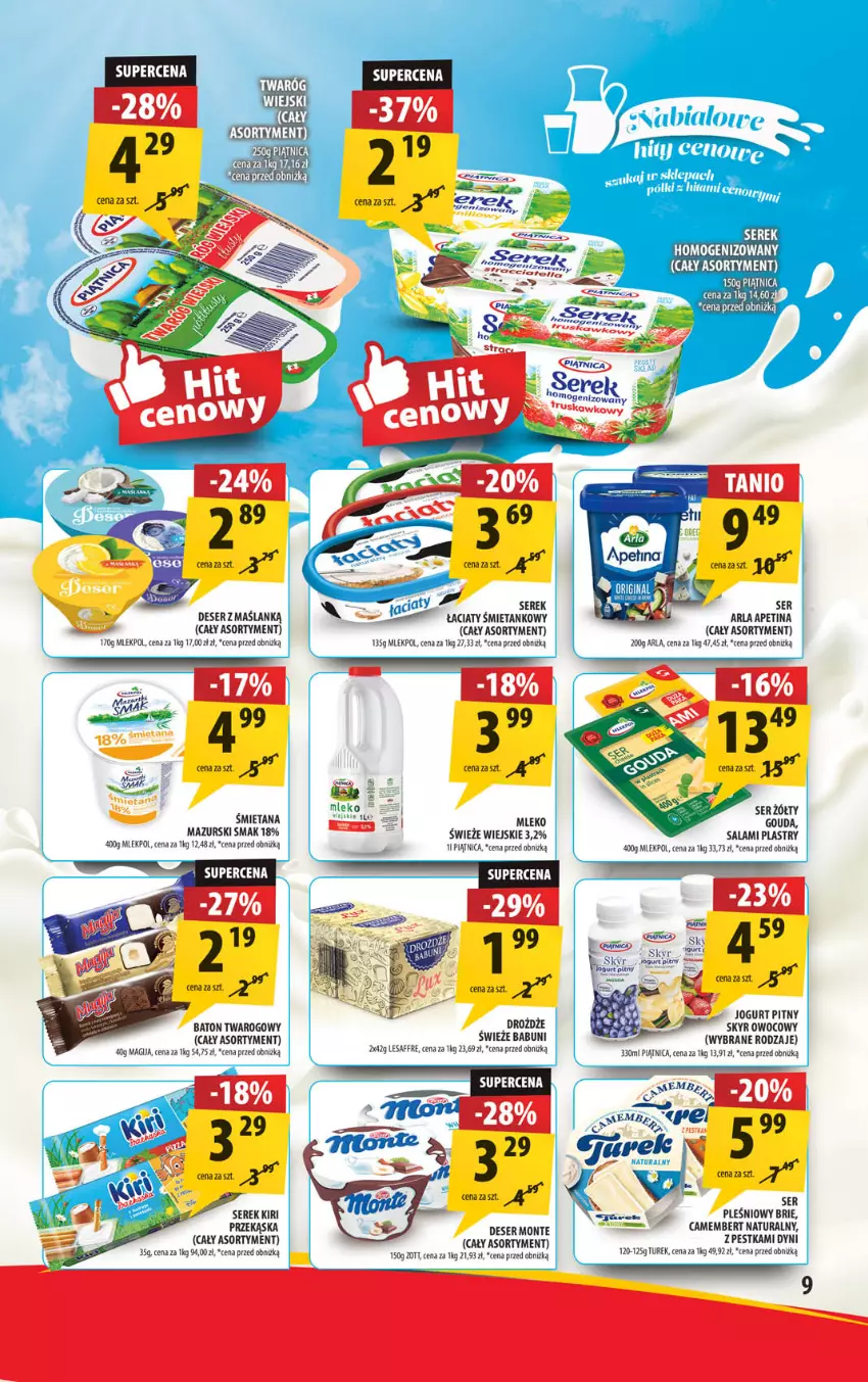 Gazetka promocyjna Arhelan - Gazetka - ważna 06.09 do 15.09.2024 - strona 9 - produkty: Babuni, Baton, Brie, Camembert, Deser, Drożdże, Gouda, Jogurt, Jogurt pitny, Mleko, Monte, Piątnica, Salami, Ser, Ser pleśniowy, Serek