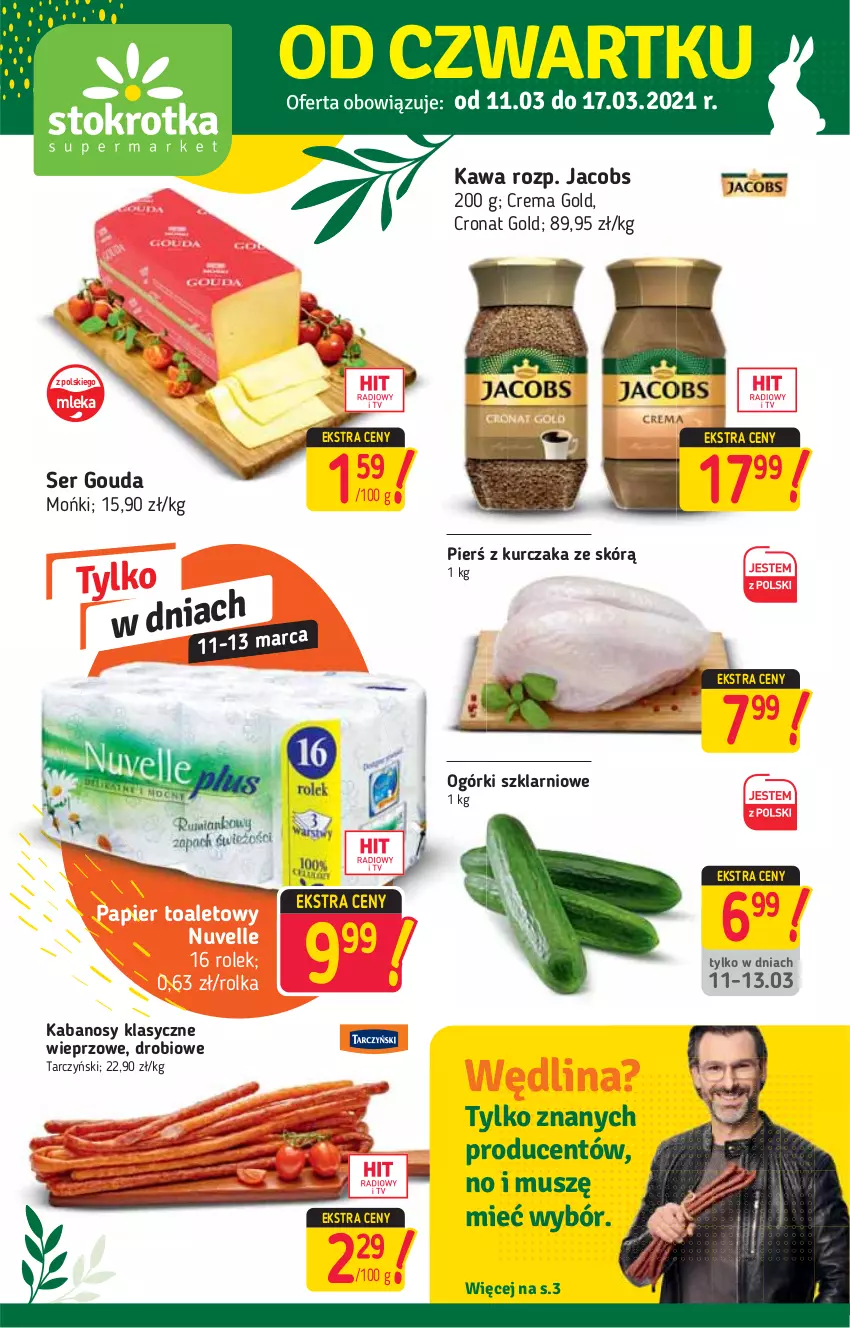 Gazetka promocyjna Stokrotka - Supermarket - ważna 11.03 do 17.03.2021 - strona 1 - produkty: Gin, Gouda, HP, Jacobs, Kabanos, Kawa, Kurczak, Papier, Papier toaletowy, Ser, Tarczyński