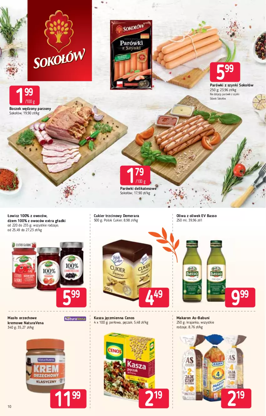 Gazetka promocyjna Stokrotka - Supermarket - ważna 11.03 do 17.03.2021 - strona 10 - produkty: Babuni, Boczek, Cenos, Cukier, Cukier trzcinowy, Dżem, Kasza, Kasza jęczmienna, Makaron, Masło, Masło orzechowe, Oliwa z oliwek, Parówki, Parówki z szynki, Sok, Sokołów