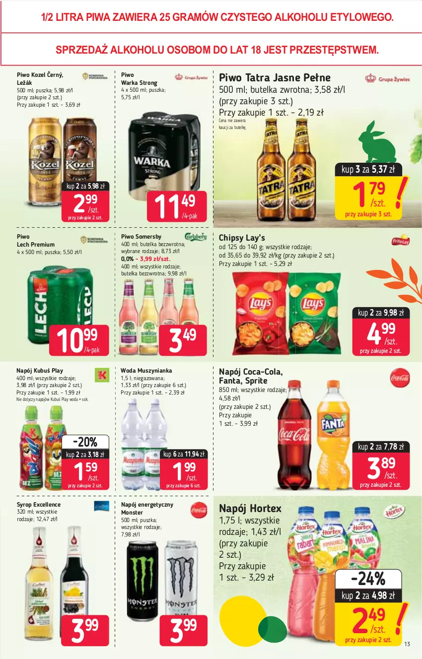 Gazetka promocyjna Stokrotka - Supermarket - ważna 11.03 do 17.03.2021 - strona 13 - produkty: Chipsy, Coca-Cola, Fa, Fanta, Gra, Hortex, Kozel, Kubuś, Lay’s, Lech Premium, Mus, Muszynianka, Napój, Napój energetyczny, Piwa, Piwo, Sok, Somersby, Sprite, Syrop, Tatra, Warka, Woda