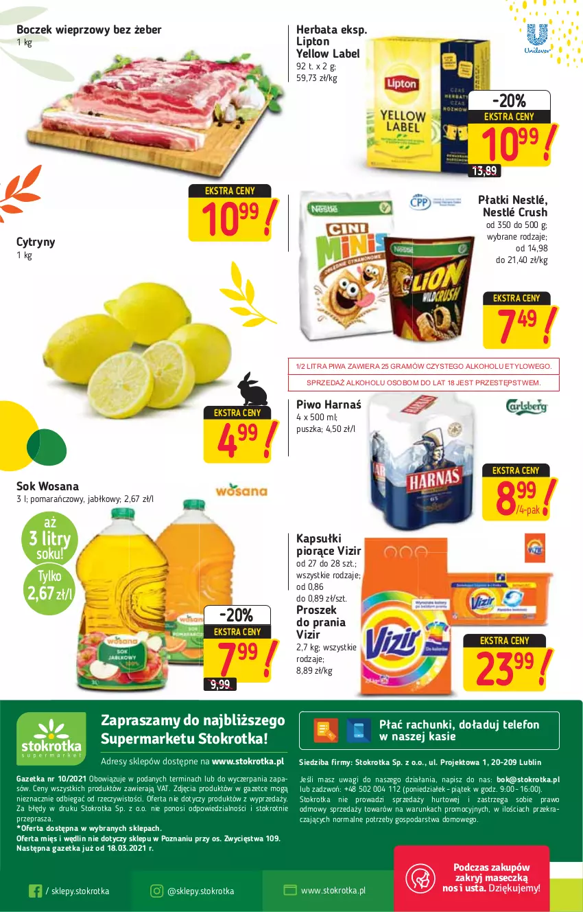 Gazetka promocyjna Stokrotka - Supermarket - ważna 11.03 do 17.03.2021 - strona 20 - produkty: Boczek, Boczek wieprzowy, Cytryny, Gra, Harnaś, Herbata, Lipton, Nestlé, O nas, Piwa, Piwo, Proszek do prania, Sok, Telefon, Vizir, Wagi, Wosana