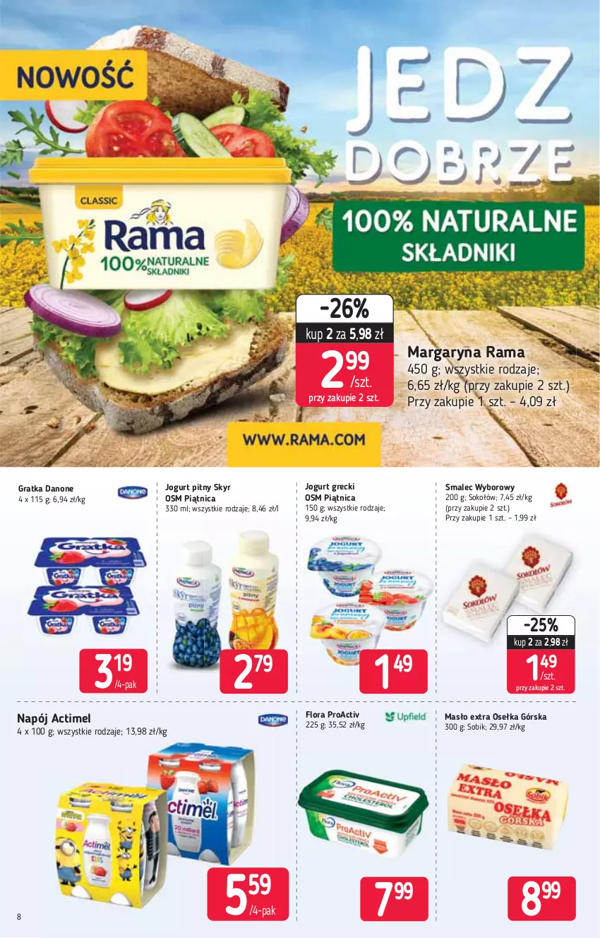 Gazetka promocyjna Stokrotka - Supermarket - ważna 11.03 do 17.03.2021 - strona 8 - produkty: Actimel, Danone, Flora, Gra, Jogurt, Jogurt pitny, Margaryna, Masło, Napój, Piątnica, Rama, Smalec, Sok, Sokołów