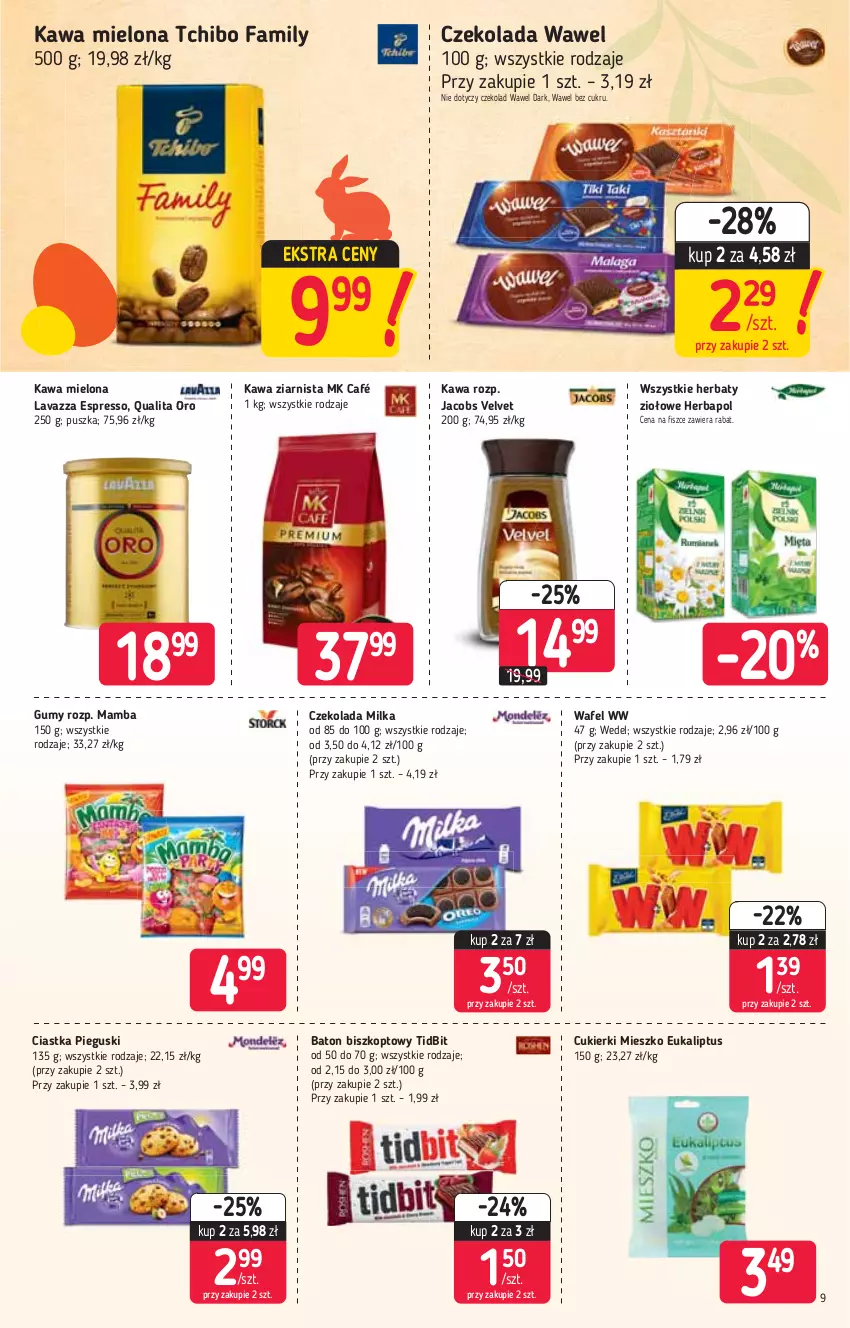 Gazetka promocyjna Stokrotka - Supermarket - ważna 11.03 do 17.03.2021 - strona 9 - produkty: Baton, Ciastka, Cukier, Cukierki, Czekolada, Fa, Herbapol, Jacobs, Jacobs Velvet, Kawa, Kawa mielona, Kawa ziarnista, Lavazza, Mamba, Milka, Tchibo, Tchibo Family, Velvet, Wawel