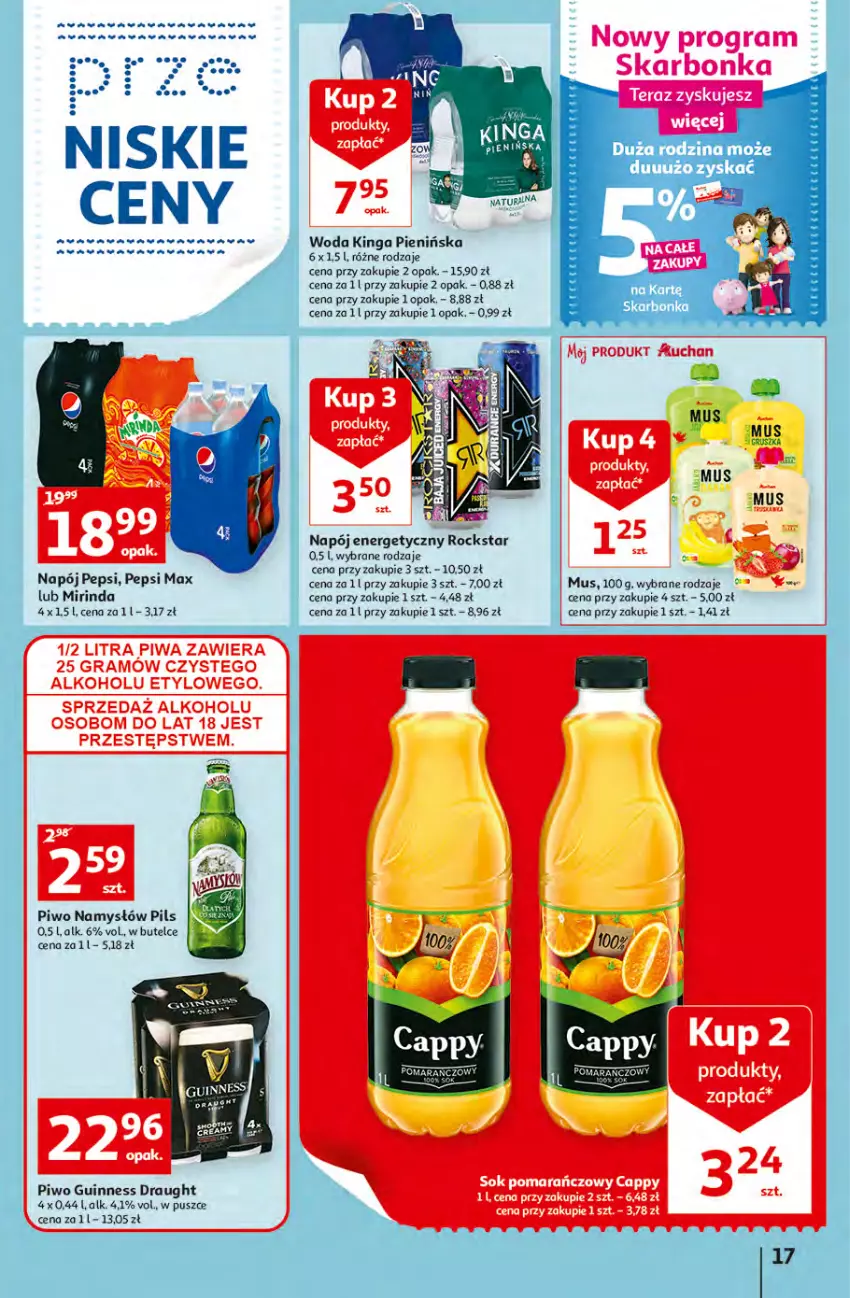 Gazetka promocyjna Auchan - przeNISKIE CENY Jedz zdrowo i czuj się przepięknie Hipermarkety - ważna 10.03 do 16.03.2022 - strona 17 - produkty: Mirinda, Mus, Namysłów, Napój, Napój energetyczny, Pepsi, Pepsi max, Piwo, Woda