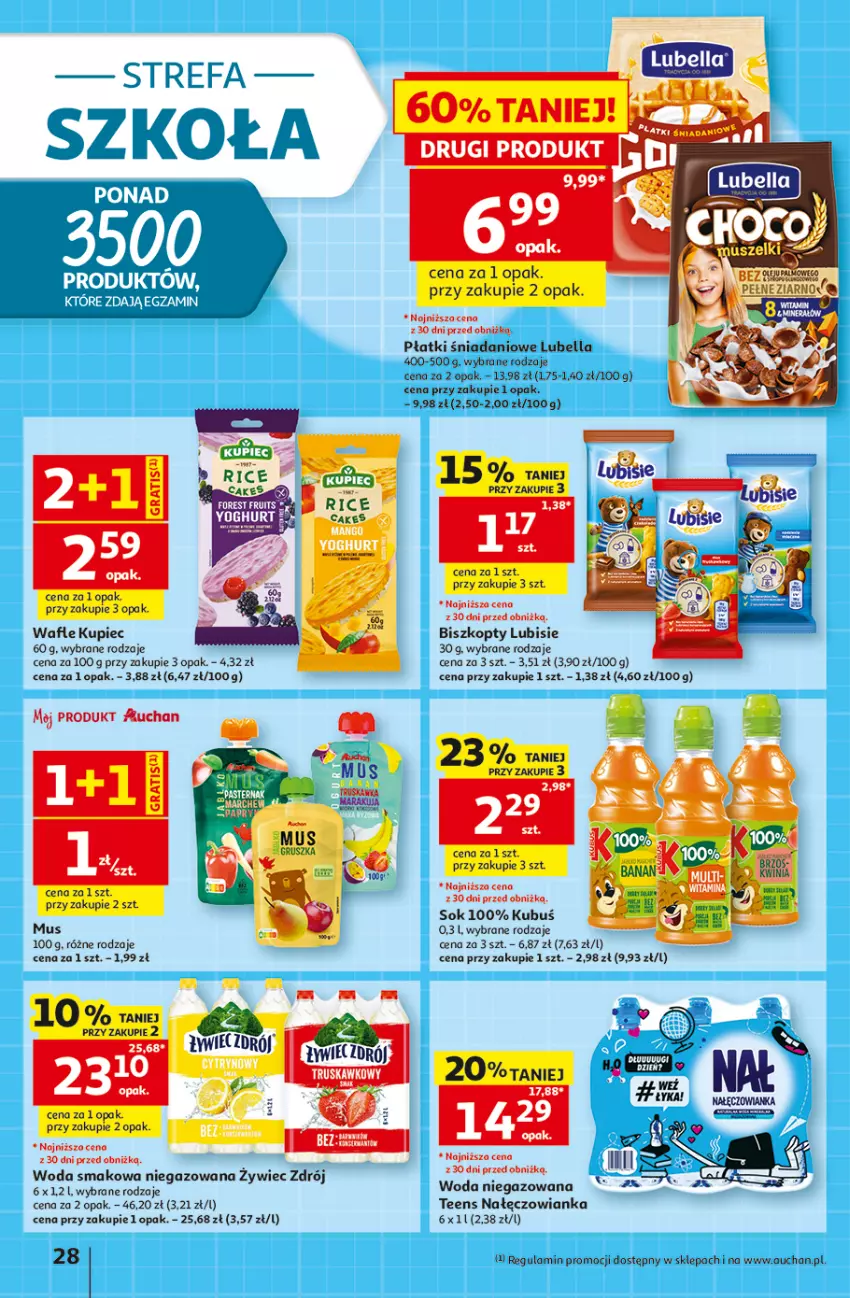 Gazetka promocyjna Auchan - Gazetka 30 Lat Hipermarket Auchan - ważna 20.08 do 26.08.2026 - strona 28 - produkty: Bell, Bella, Biszkopty, Danio, Fa, Gra, Kubuś, Kupiec, Lubella, Lubisie, Mus, Piec, Sok, Wafle, Woda, Woda niegazowana