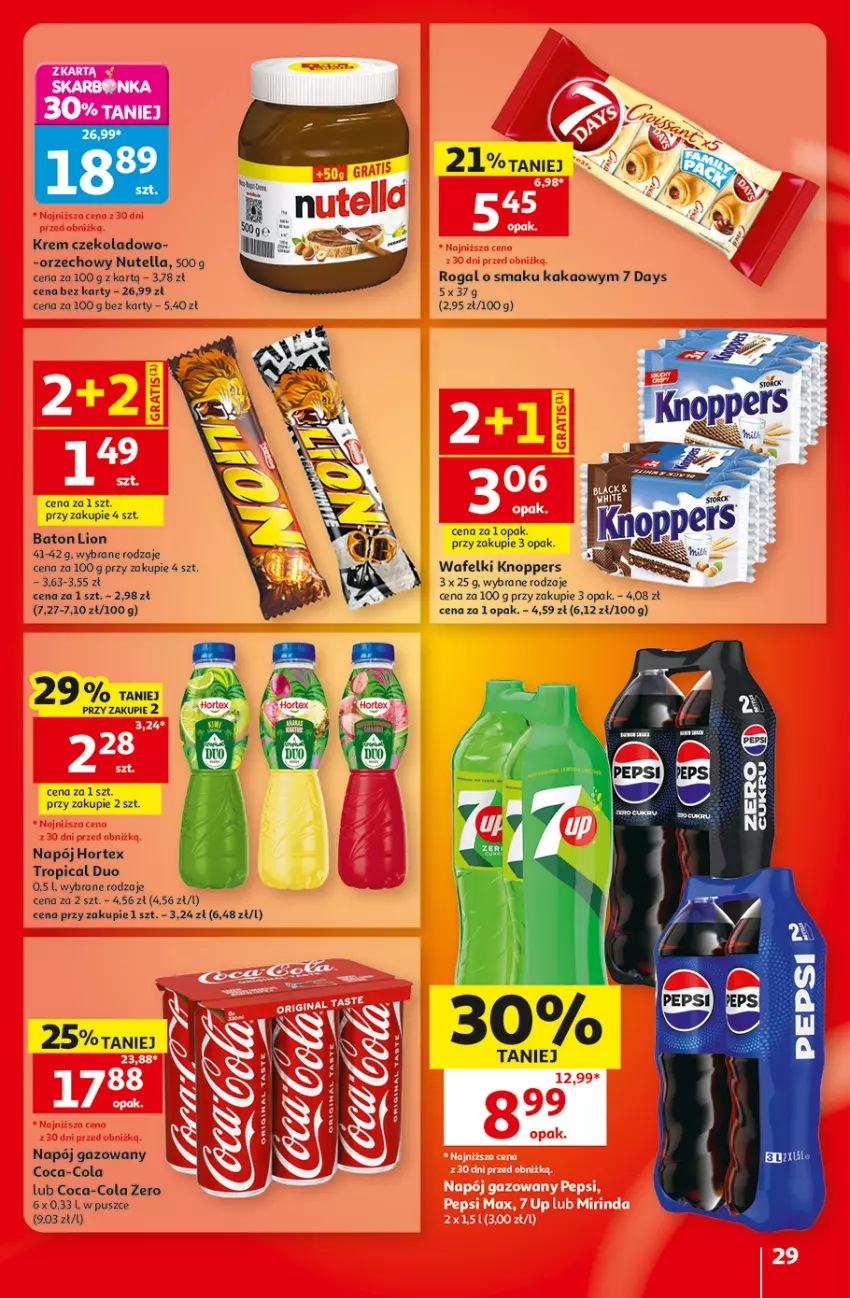 Gazetka promocyjna Auchan - Gazetka 30 Lat Hipermarket Auchan - ważna 20.08 do 26.08.2026 - strona 29 - produkty: 7 Days, Baton, Coca-Cola, Hortex, Kakao, Knoppers, Lion, Napój, Napój gazowany, Nutella, Rogal, Tropical