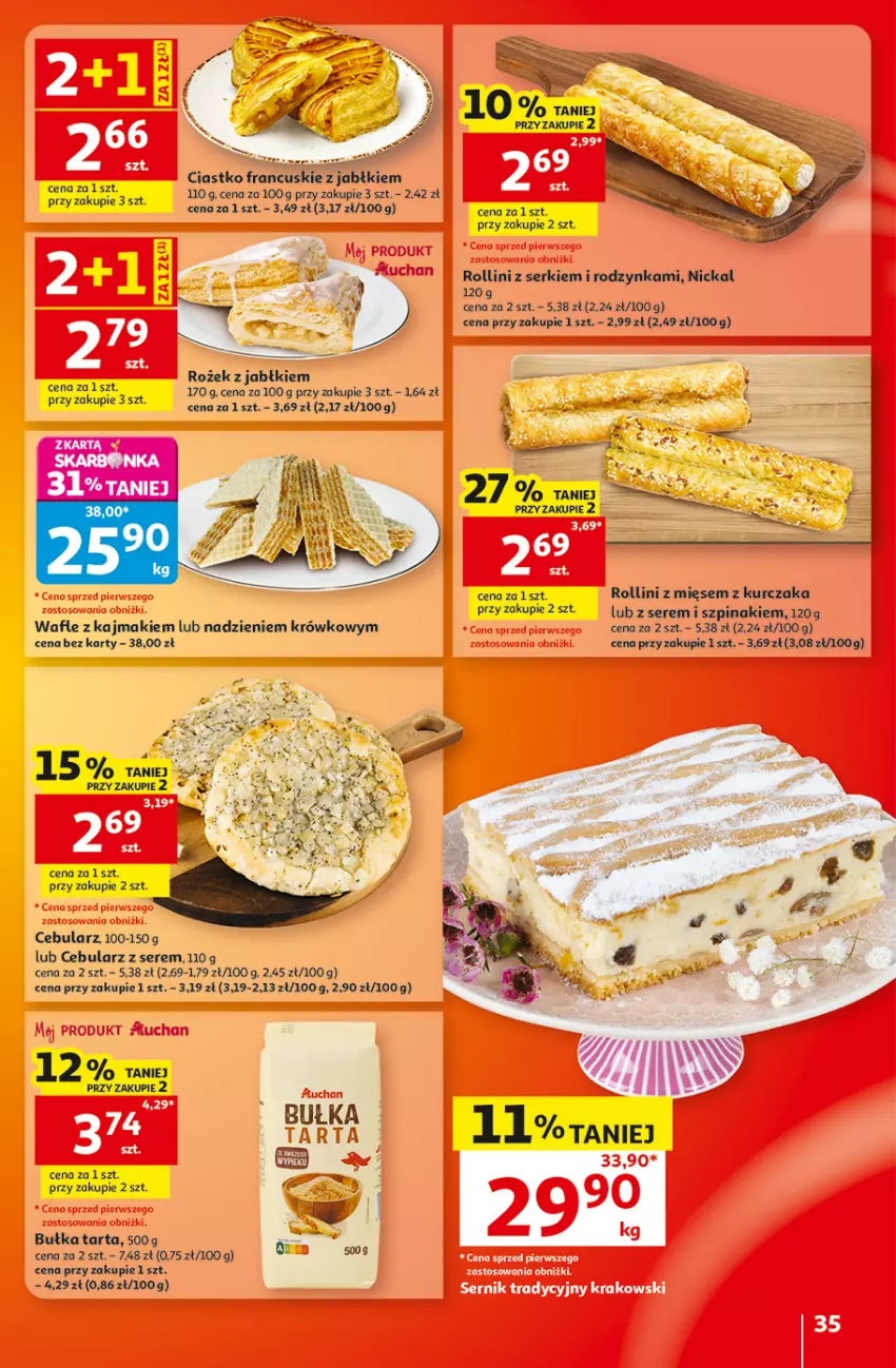 Gazetka promocyjna Auchan - Gazetka 30 Lat Hipermarket Auchan - ważna 20.08 do 26.08.2026 - strona 35 - produkty: Bułka, Bułka tarta, Cebula, Kurczak, Ser, Szpinak, Tarta, Wafle