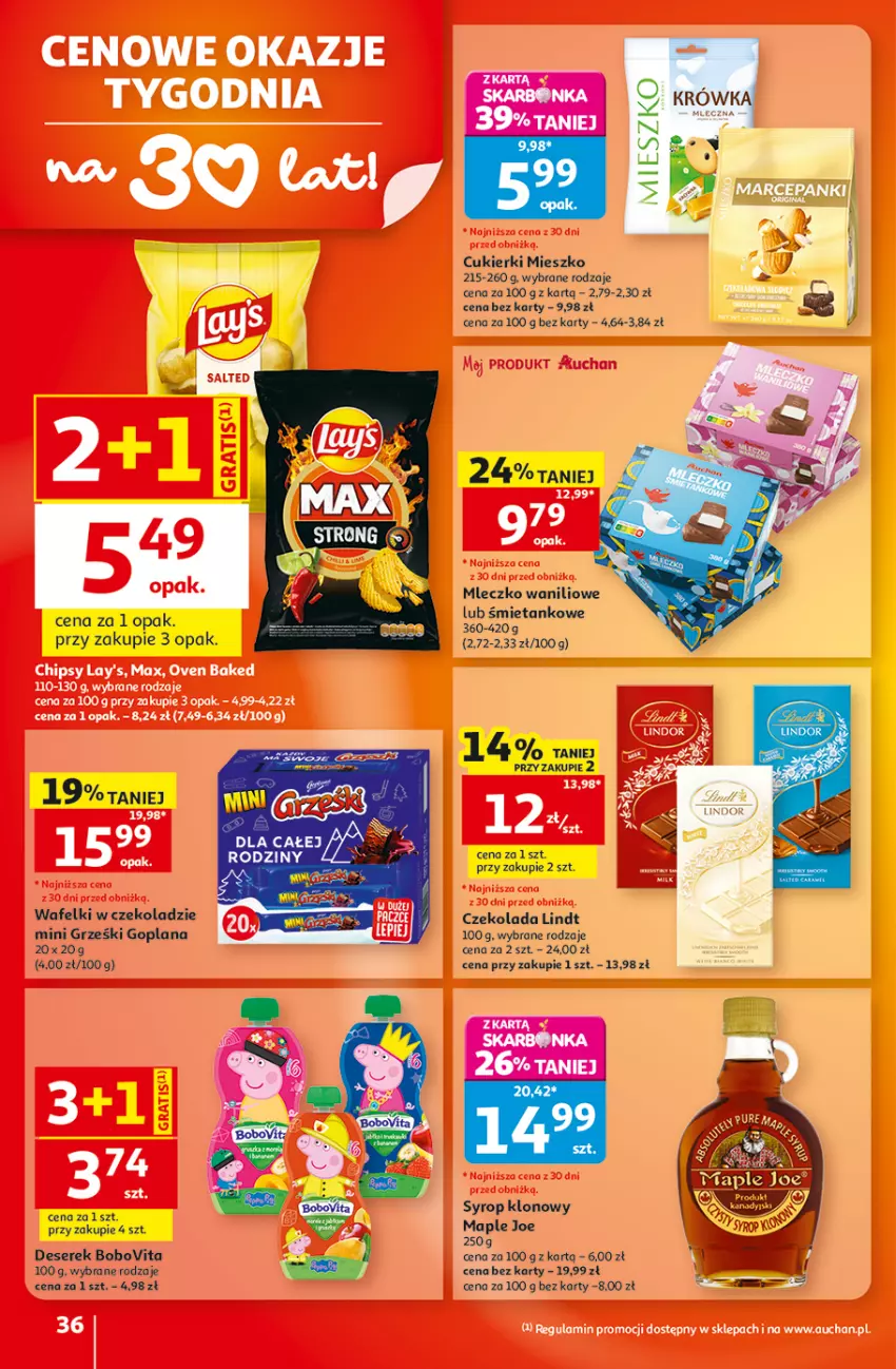 Gazetka promocyjna Auchan - Gazetka 30 Lat Hipermarket Auchan - ważna 20.08 do 26.08.2026 - strona 36 - produkty: BoboVita, Cukier, Cukierki, Czekolada, Deser, Goplana, Grześki, LANA, Lindt, Mini Grześki, Mleczko, Ser, Serek, Syrop