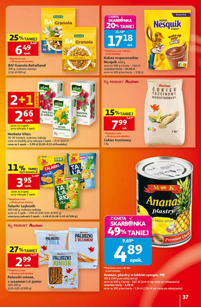 Gazetka promocyjna Auchan - Gazetka 30 Lat Hipermarket Auchan - ważna 20.08 do 26.08.2026 - strona 37 - produkty: Ba!, Bakalland, Cukier, Cukier trzcinowy, Gin, Gra, Granola, Herbata, Kakao, Lajkonik, Nesquik, Sezam, Vitax