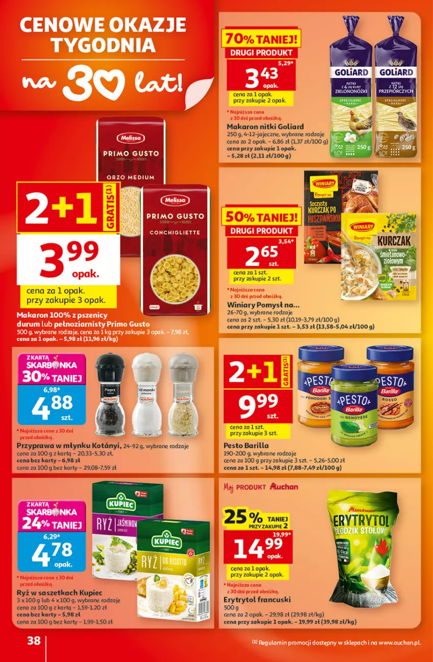 Gazetka promocyjna Auchan - Gazetka 30 Lat Hipermarket Auchan - ważna 20.08 do 26.08.2026 - strona 38 - produkty: Barilla, Fa, Goliard, Kupiec, Kurczak, LG, Makaron, Pesto, Piec, Ryż, Winiary