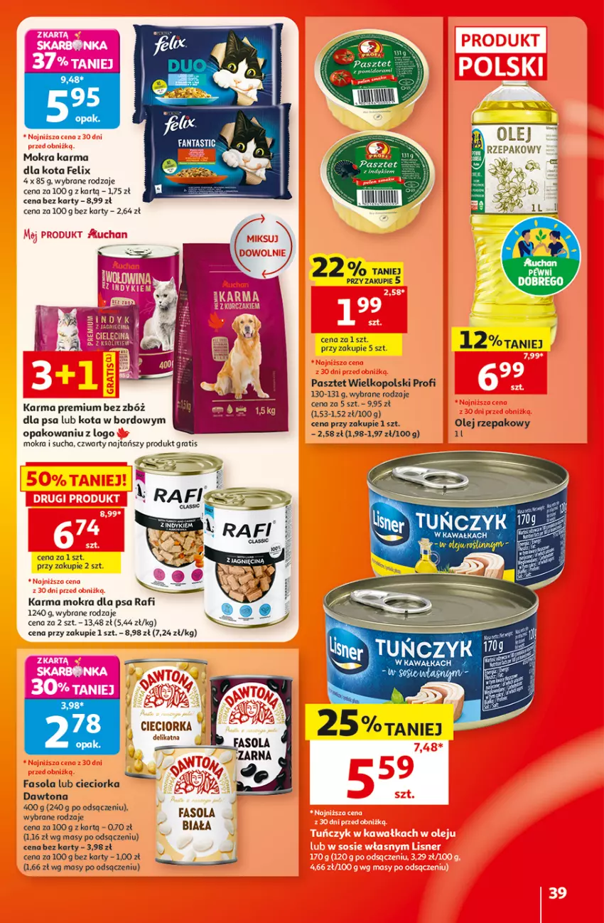 Gazetka promocyjna Auchan - Gazetka 30 Lat Hipermarket Auchan - ważna 20.08 do 26.08.2026 - strona 39 - produkty: Cieciorka, Dawtona, Fa, Fanta, Fasola, Felix, Gra, Kawa, Mokra karma, Olej, Olej rzepakowy, Orka, Pasztet, Tuńczyk
