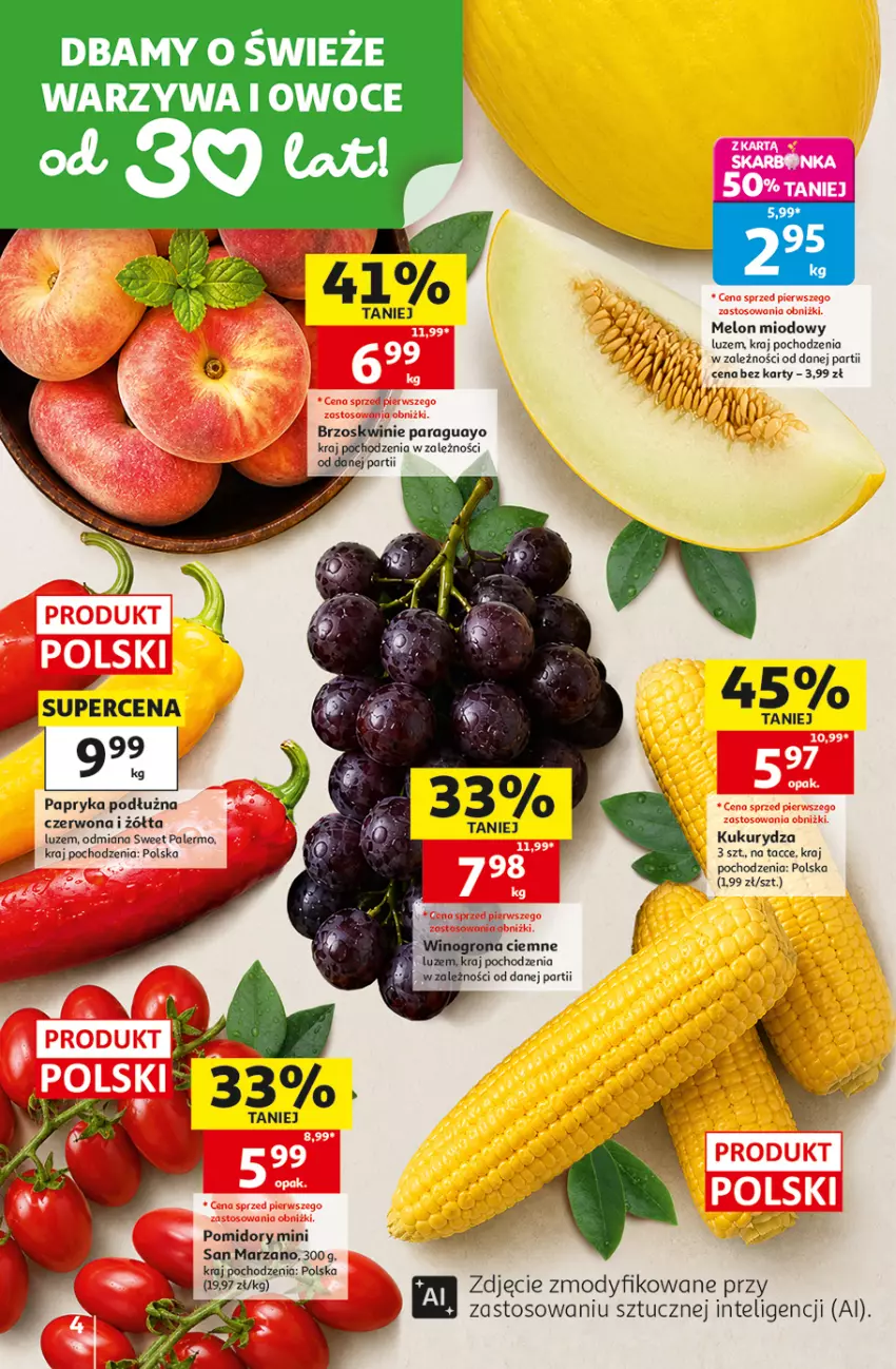 Gazetka promocyjna Auchan - Gazetka 30 Lat Hipermarket Auchan - ważna 20.08 do 26.08.2026 - strona 4 - produkty: Brzoskwinie, Intel, Kukurydza, Melon, Owoce, Papryka, Papryka podłużna, Pomidory, Warzywa, Warzywa i owoce, Wino, Winogrona