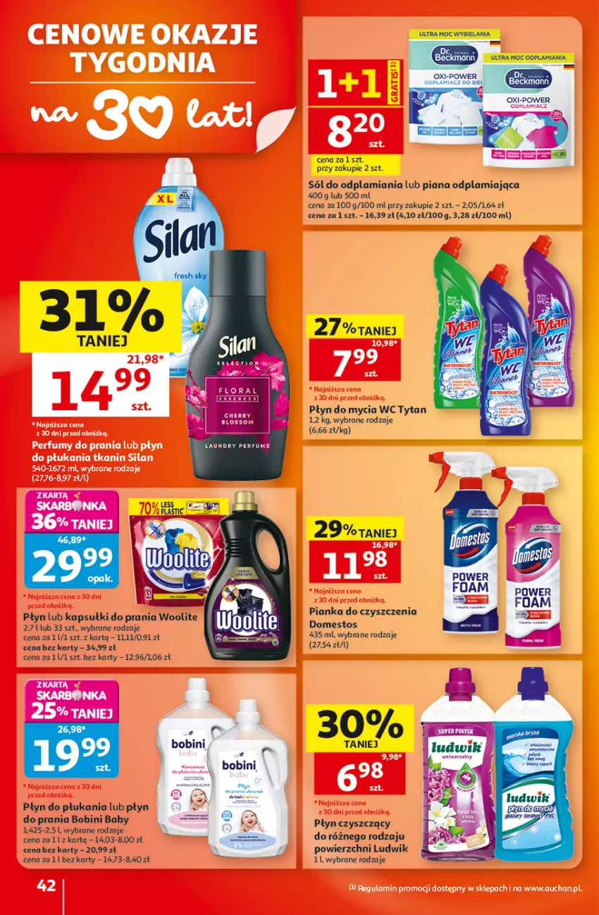 Gazetka promocyjna Auchan - Gazetka 30 Lat Hipermarket Auchan - ważna 20.08 do 26.08.2026 - strona 42 - produkty: Domestos, Kapsułki do prania, LG, Ludwik, Perfum, Pianka do czyszczenia, Płyn do mycia, Płyn do płukania, Silan, Sól, Tytan, Woolite