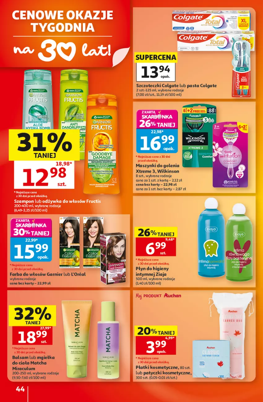 Gazetka promocyjna Auchan - Gazetka 30 Lat Hipermarket Auchan - ważna 20.08 do 26.08.2026 - strona 44 - produkty: Colgate, Fa, Farba do włosów, Garnier, LG, Patyczki kosmetyczne, Płatki kosmetyczne, Ziaja