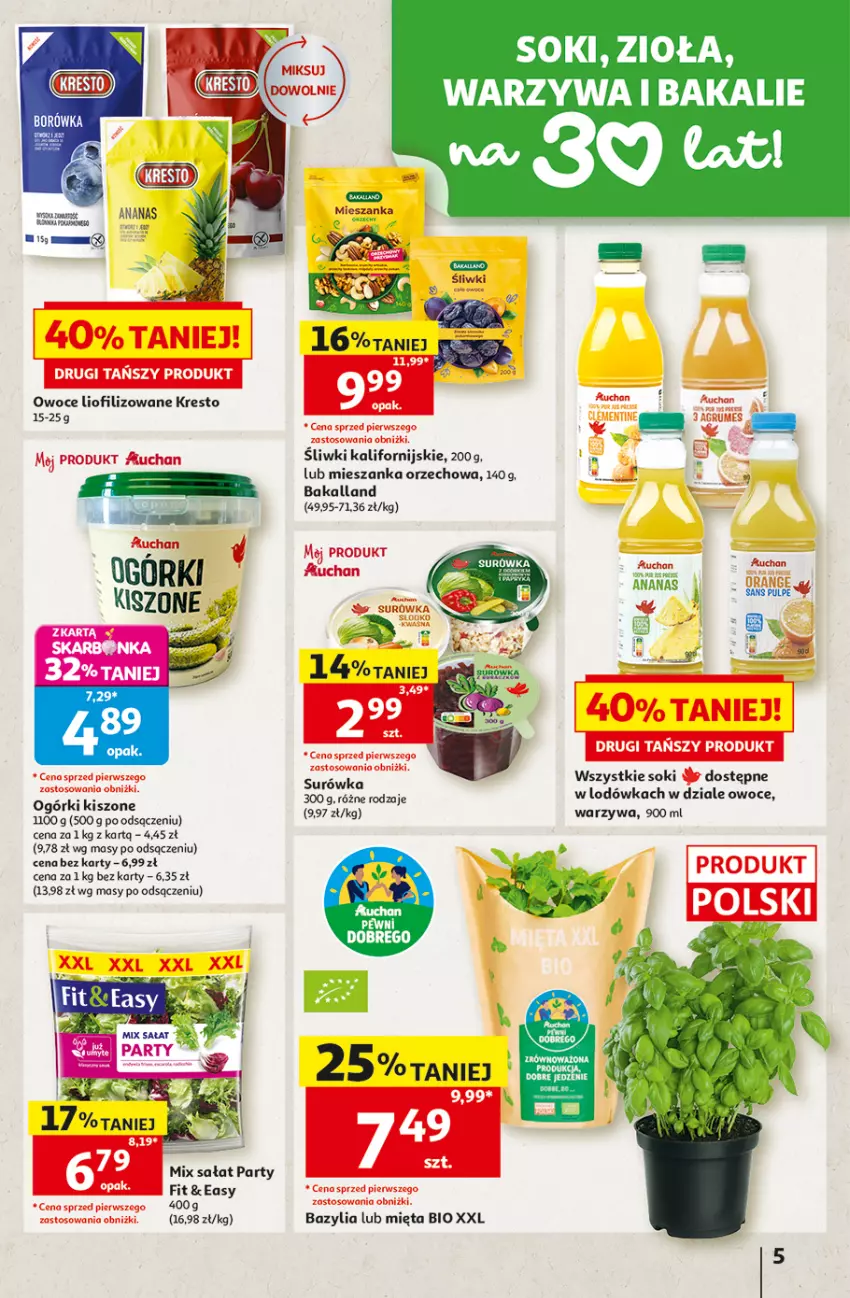 Gazetka promocyjna Auchan - Gazetka 30 Lat Hipermarket Auchan - ważna 20.08 do 26.08.2026 - strona 5 - produkty: Ananas, Bakalland, Bazyl, Bazylia, Borówka, Lodówka, Mieszanka orzechowa, Mięta, Owoce, Sałat, Sok, Surówka, Warzywa