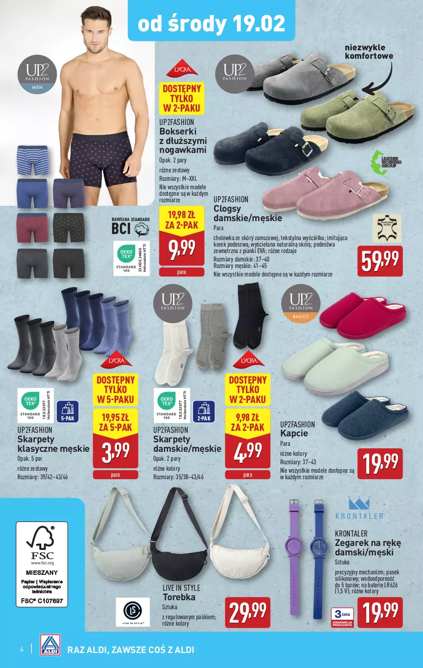 Gazetka promocyjna Aldi - Artykuły przemysłowe i tekstylia - ważna 17.02 do 22.02.2025 - strona 4 - produkty: Bokserki, Clogsy, Fa, Kapcie, Karp, Pasek, Por, Ser, Torebka, Zegar, Zegarek