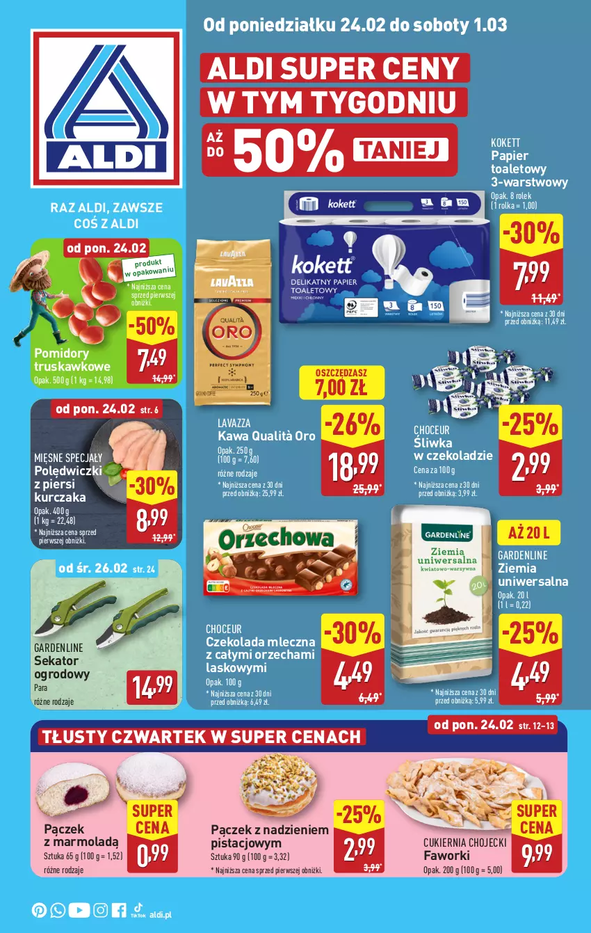 Gazetka promocyjna Aldi - Pełna oferta - ważna 24.02 do 01.03.2025 - strona 1 - produkty: Cukier, Czekolada, Czekolada mleczna, Fa, Faworki, Kawa, Kurczak, Lavazza, Mięsne specjały, Mola, Pączek, Papier, Papier toaletowy, Pomidory, Sekator