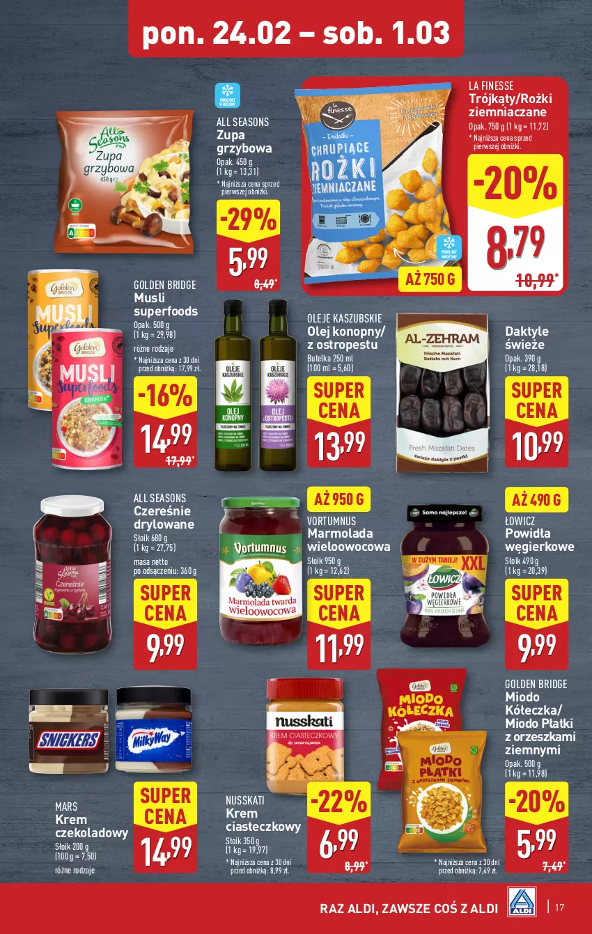 Gazetka promocyjna Aldi - Pełna oferta - ważna 24.02 do 01.03.2025 - strona 17 - produkty: All Seasons, Daktyle, Marmolada, Mars, Mola, Mus, Olej, Ostropes, Zupa