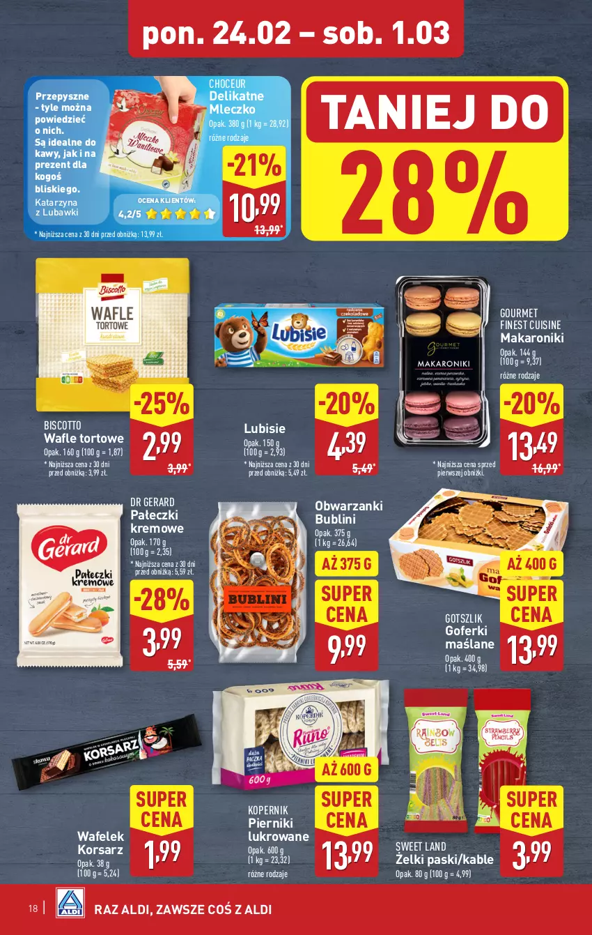 Gazetka promocyjna Aldi - Pełna oferta - ważna 24.02 do 01.03.2025 - strona 18 - produkty: Dr Gerard, Lubisie, Makaron, Mleczko, Piernik, Wafelek, Wafle, Wafle tortowe