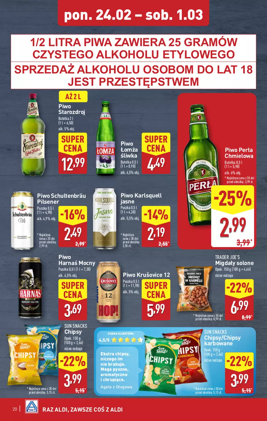 Gazetka promocyjna Aldi - Pełna oferta - ważna 24.02 do 01.03.2025 - strona 20 - produkty: Chipsy, Gra, Harnaś, Karlsquell, Migdały, Perła, Piwa, Piwo