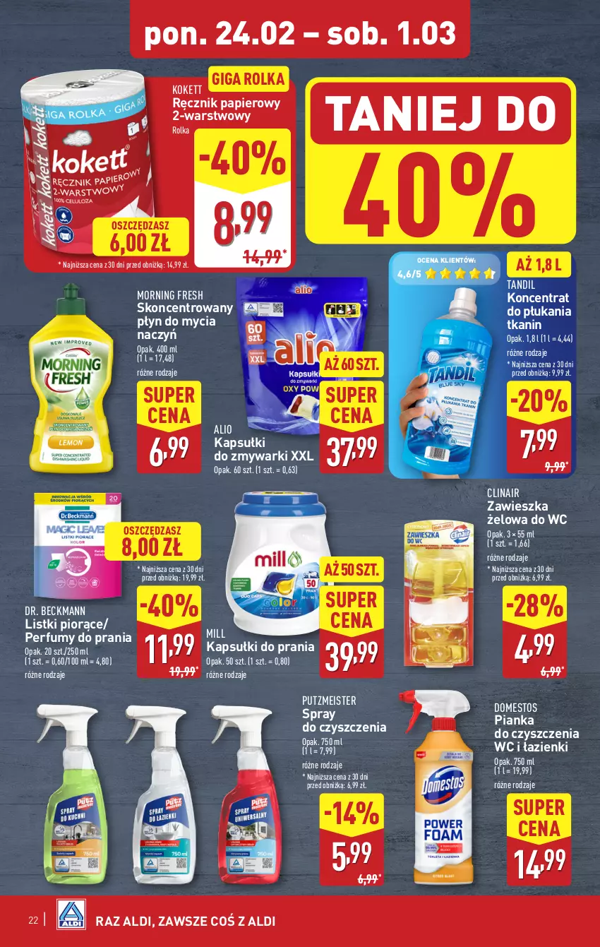 Gazetka promocyjna Aldi - Pełna oferta - ważna 24.02 do 01.03.2025 - strona 22 - produkty: Clin, Do mycia naczyń, Domestos, Kapsułki do prania, Papier, Perfum, Pianka do czyszczenia, Płyn do mycia, Płyn do mycia naczyń, Putzmeister, Ręcznik, Spray do czyszczenia, Zmywarki