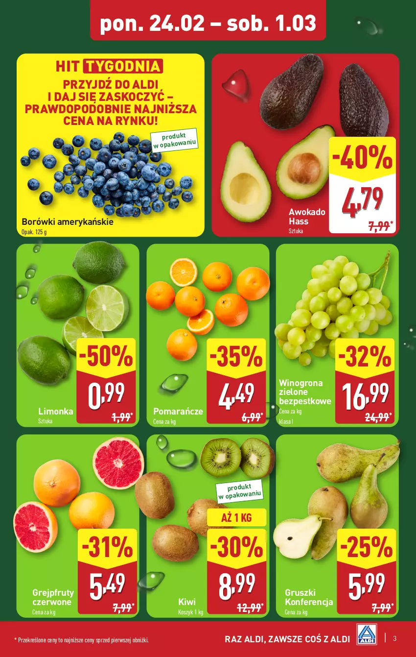 Gazetka promocyjna Aldi - Pełna oferta - ważna 24.02 do 01.03.2025 - strona 3 - produkty: Grejpfrut, Gruszki, Kiwi, Koc, Kosz, Limonka, Pomarańcze, Wino, Winogrona