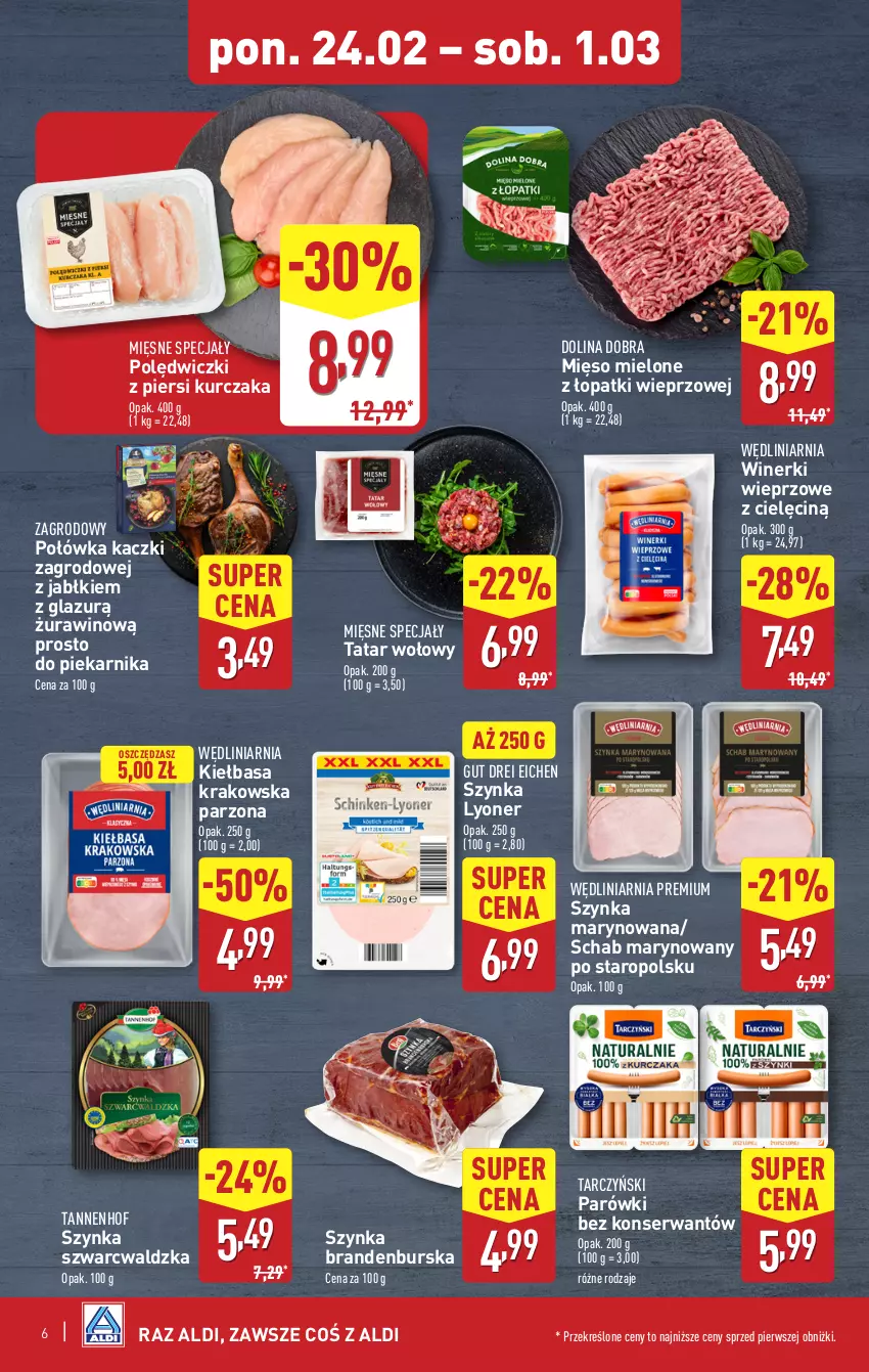 Gazetka promocyjna Aldi - Pełna oferta - ważna 24.02 do 01.03.2025 - strona 6 - produkty: Kiełbasa, Kiełbasa krakowska, Kurczak, Lazur, Mięsne specjały, Mięso, Mięso mielone, Mięso mielone z łopatki wieprzowej, Parówki, Piekarnik, Ser, Szynka, Tarczyński, Tatar wołowy, Wino