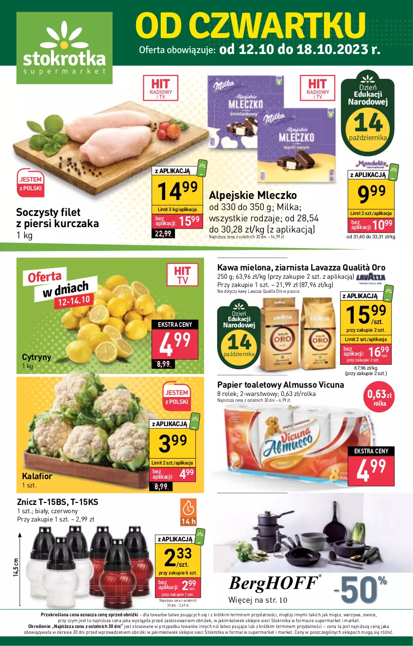 Gazetka promocyjna Stokrotka - Supermarket - ważna 12.10 do 18.10.2023 - strona 1 - produkty: Cytryny, Filet z piersi kurczaka, Kalafior, Kawa, Kawa mielona, Kurczak, Lavazza, Mięso, Milka, Mleczko, Mus, Owoce, Papier, Papier toaletowy, Warzywa, Znicz