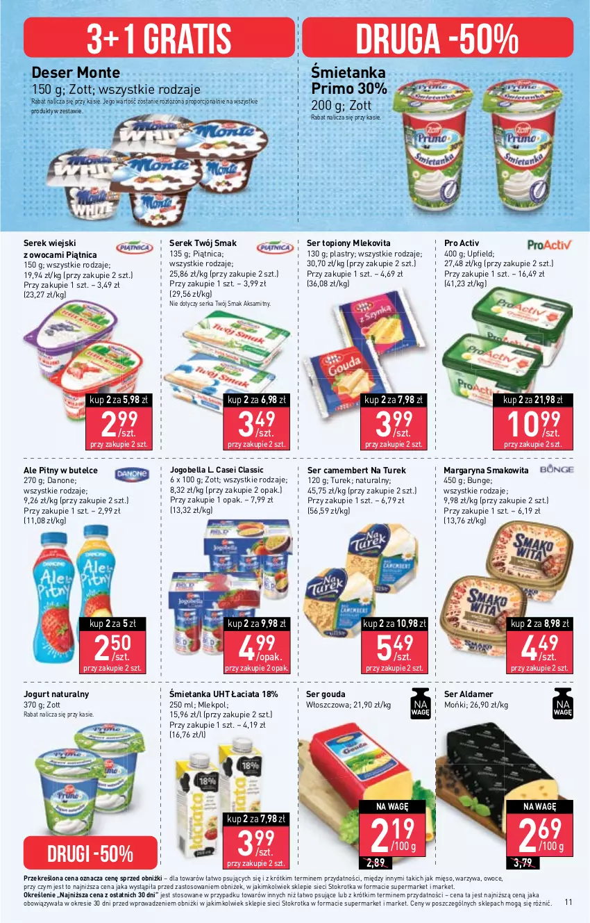 Gazetka promocyjna Stokrotka - Supermarket - ważna 12.10 do 18.10.2023 - strona 12 - produkty: Aksam, Bell, Bella, Camembert, Danone, Deser, Gouda, Gra, Jogobella, Jogurt, Jogurt naturalny, Margaryna, Mięso, Mleko, Mlekovita, Monte, Owoce, Piątnica, Por, Ser, Ser topiony, Serek, Serek wiejski, Smakowita, Top, Twój Smak, Warzywa, Zott