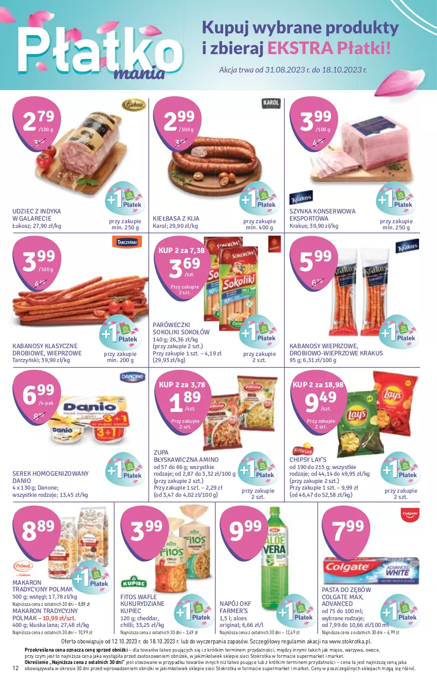 Gazetka promocyjna Stokrotka - Supermarket - ważna 12.10 do 18.10.2023 - strona 13 - produkty: Cheddar, Chipsy, Colgate, Danio, Danone, Fa, Gala, Gin, Kabanos, Kiełbasa, Kosz, Krakus, Kupiec, LANA, Lay’s, LG, Makaron, Mięso, Napój, Olma, Owoce, Pasta do zębów, Piec, Por, Ser, Serek, Serek homogenizowany, Sok, Sokołów, Sport, Szynka, Szynka konserwowa, Tarczyński, Udziec z indyka, Udziec z indyka w galarecie, Wafle, Warzywa, Zupa