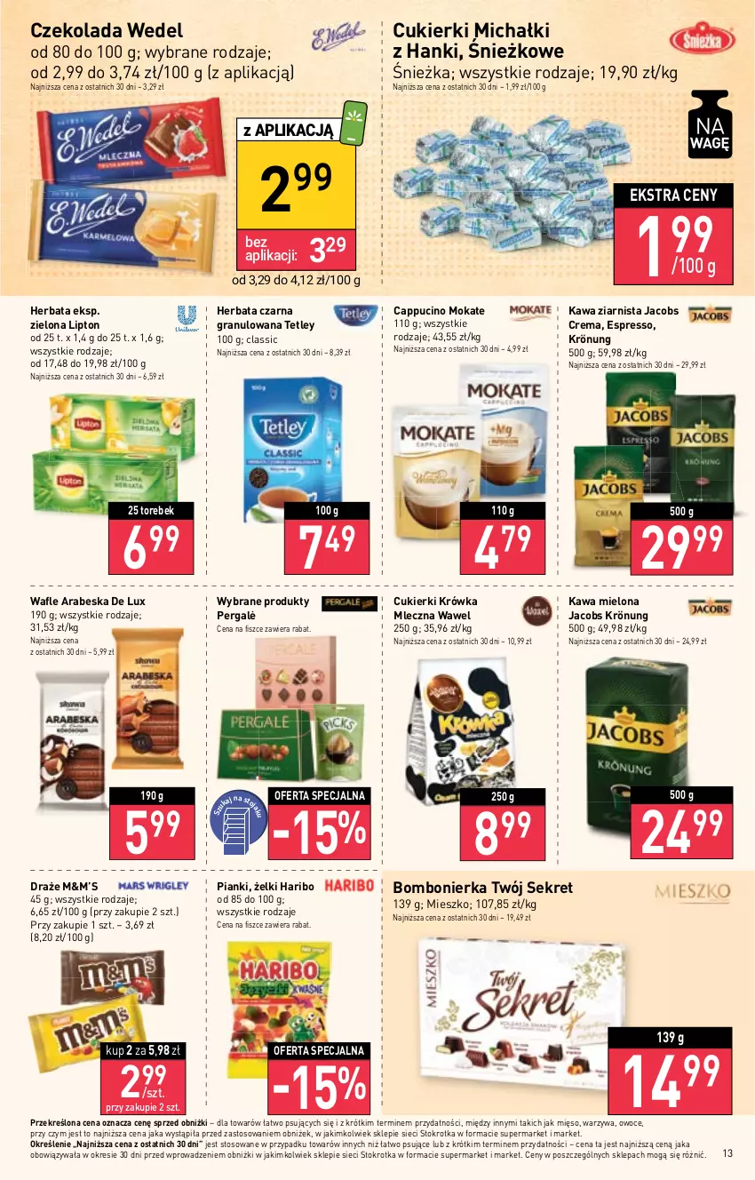 Gazetka promocyjna Stokrotka - Supermarket - ważna 12.10 do 18.10.2023 - strona 14 - produkty: Cukier, Cukierki, Czekolada, Gra, Haribo, Herbata, Herbata czarna, Jacobs, Jacobs Krönung, Kawa, Kawa mielona, Kawa ziarnista, Kret, Lipton, Michałki, Mięso, Owoce, Tetley, Wafle, Warzywa, Wawel