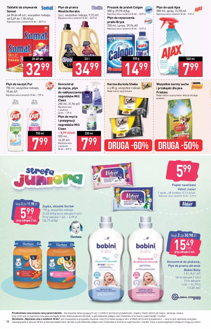 Gazetka promocyjna Stokrotka - Supermarket - ważna 12.10 do 18.10.2023 - strona 19 - produkty: Ajax, Bryza, Calgon, Friskies, Gerber, LG, Mięso, Owoce, Papier, Płyn do mycia, Płyn do prania, Płyn do szyb, Pralki, Przekąski dla psa, Pur, Sheba, Somat, Tablet, Velvet, Warzywa, Woolite