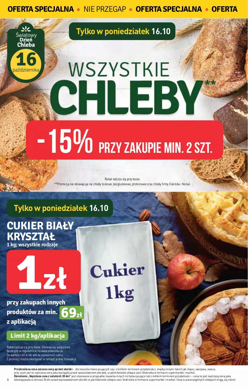 Gazetka promocyjna Stokrotka - Supermarket - ważna 12.10 do 18.10.2023 - strona 4 - produkty: Chleb, Cukier, Mięso, Owoce, Rama, Tran, Warzywa