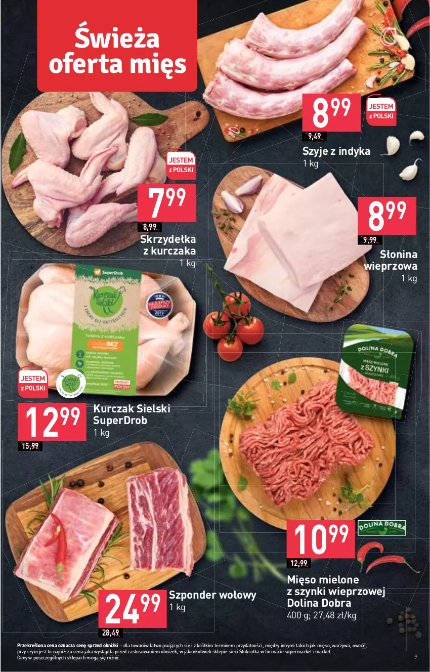 Gazetka promocyjna Stokrotka - Supermarket - ważna 12.10 do 18.10.2023 - strona 9 - produkty: Kurczak, Mięso, Mięso mielone, Mięso mielone z szynki, Owoce, Skrzydełka z kurczaka, Szponder wołowy, Warzywa