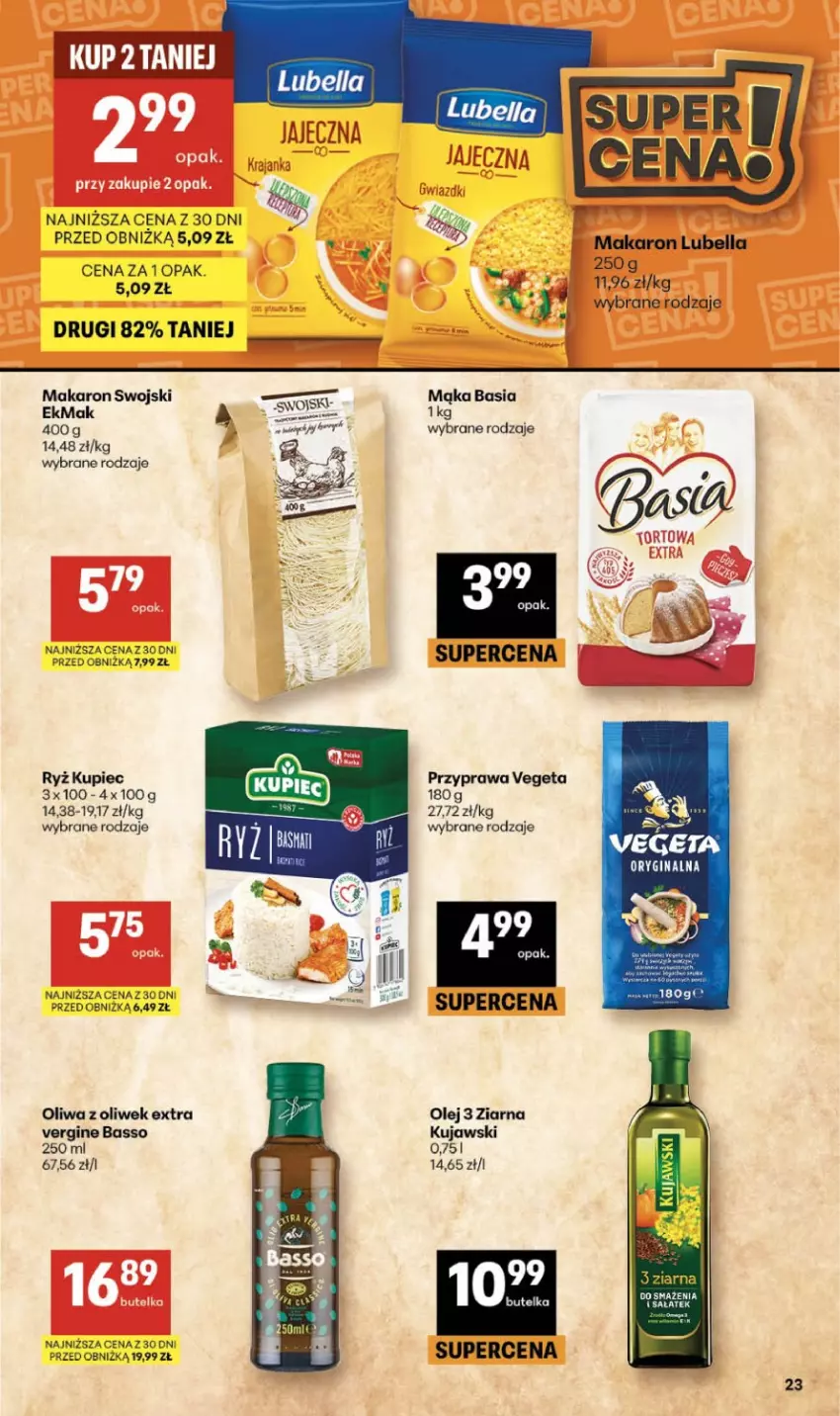 Gazetka promocyjna Delikatesy Centrum - Franczyza DC16 Czwartek - ważna 16.04 do 22.04.2026 - strona 23 - produkty: Basia, Bell, Bella, Gin, Kujawski, Kupiec, Lubella, Mąka, Makaron, Olej, Oliwa z oliwek, Piec, Ryż, Vegeta