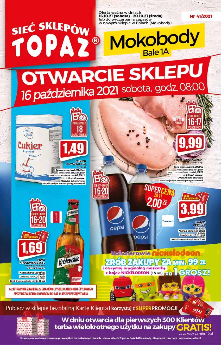 Gazetka promocyjna Topaz - Gazetka - ważna 16.10 do 20.10.2021 - strona 1 - produkty: Body, Cukier, KOBO, Kurczak, Top, Torba, Waga