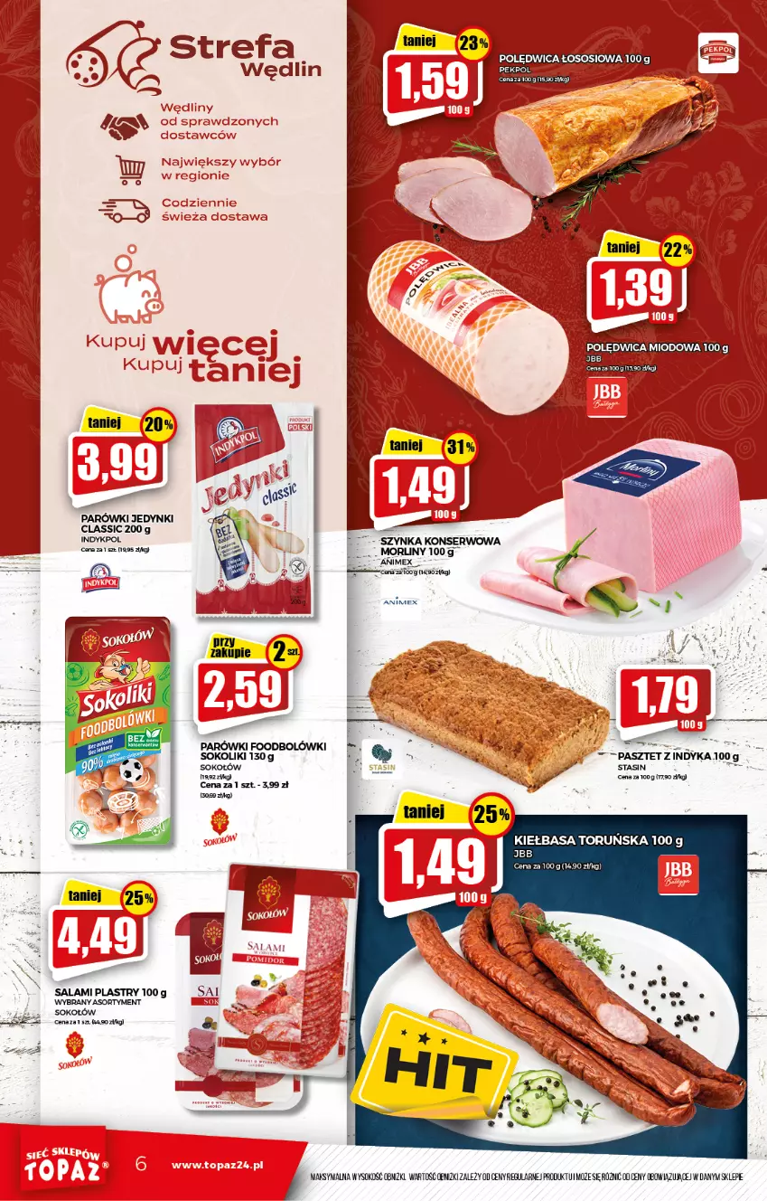 Gazetka promocyjna Topaz - Gazetka - ważna 16.10 do 20.10.2021 - strona 6 - produkty: Fa, Kiełbasa, Pasztet, Polędwica, Salami, Sok, Sokołów