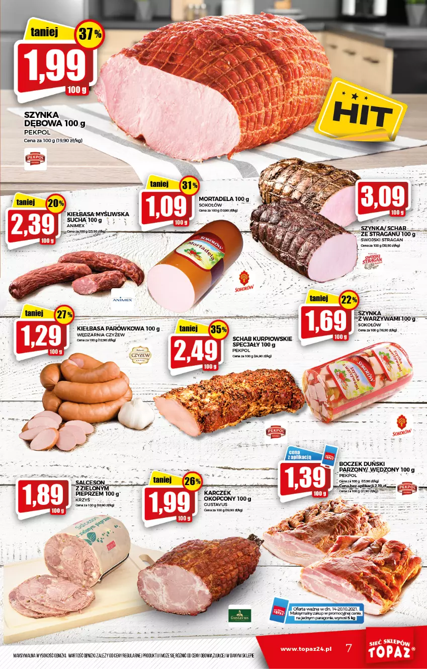 Gazetka promocyjna Topaz - Gazetka - ważna 16.10 do 20.10.2021 - strona 7 - produkty: Boczek, Gin, Kiełbasa, Pekpol, Pieprz, Salceson, Sok, Sokołów