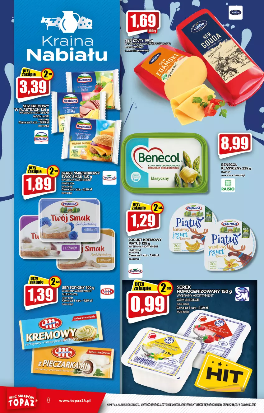 Gazetka promocyjna Topaz - Gazetka - ważna 16.10 do 20.10.2021 - strona 8 - produkty: Benecol, Jogurt, Piątnica, Ser, Serek, Sok, Top