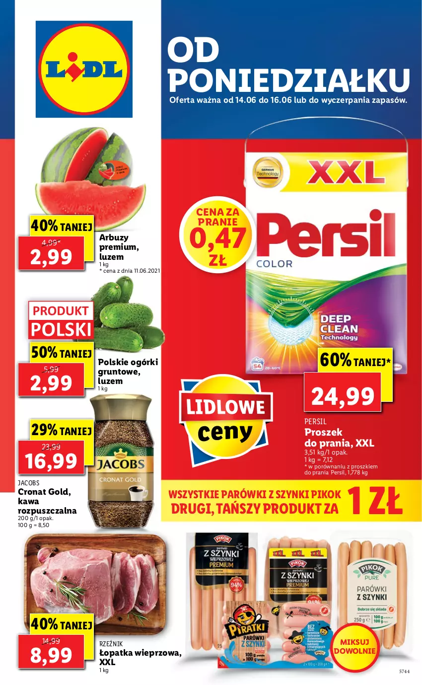 Gazetka promocyjna Lidl - GAZETKA - ważna 14.06 do 16.06.2021 - strona 1 - produkty: Arbuz, Grunt, Jacobs, Kawa, Kawa rozpuszczalna, Parówki, Parówki z szynki, Persil, PIKOK, Por, Proszek do prania