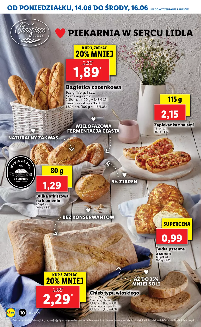 Gazetka promocyjna Lidl - GAZETKA - ważna 14.06 do 16.06.2021 - strona 10 - produkty: Bagietka, Bagietka czosnkowa, Bułka, Chleb, Chleb typu włoskiego, Fa, Salami, Ser, Zapiekanka