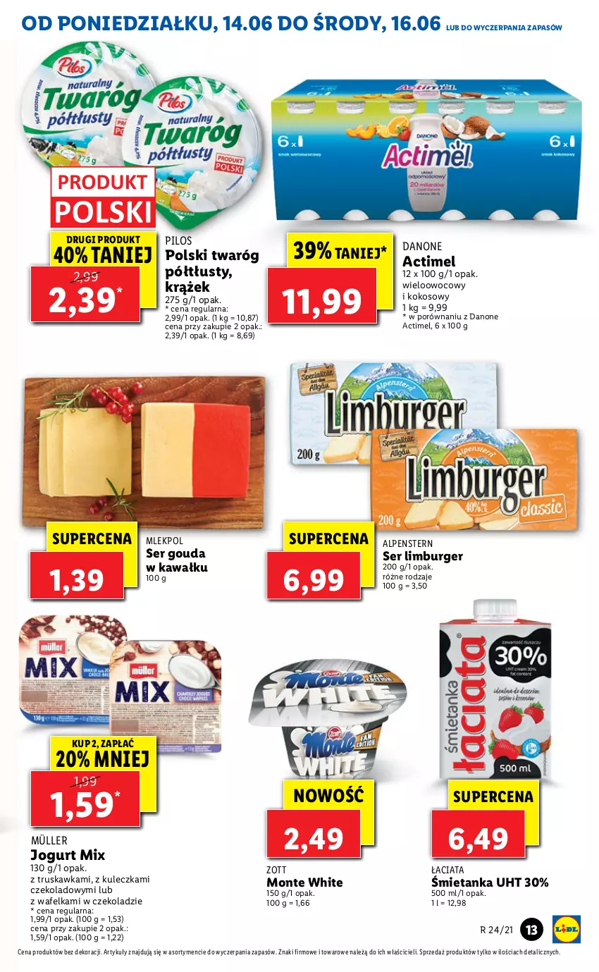 Gazetka promocyjna Lidl - GAZETKA - ważna 14.06 do 16.06.2021 - strona 13 - produkty: Actimel, Burger, Danone, Gouda, Jogurt, Kawa, Kokos, Limburger, Monte, Müller, Pilos, Por, Ser, Twaróg, Twaróg półtłusty, Zott