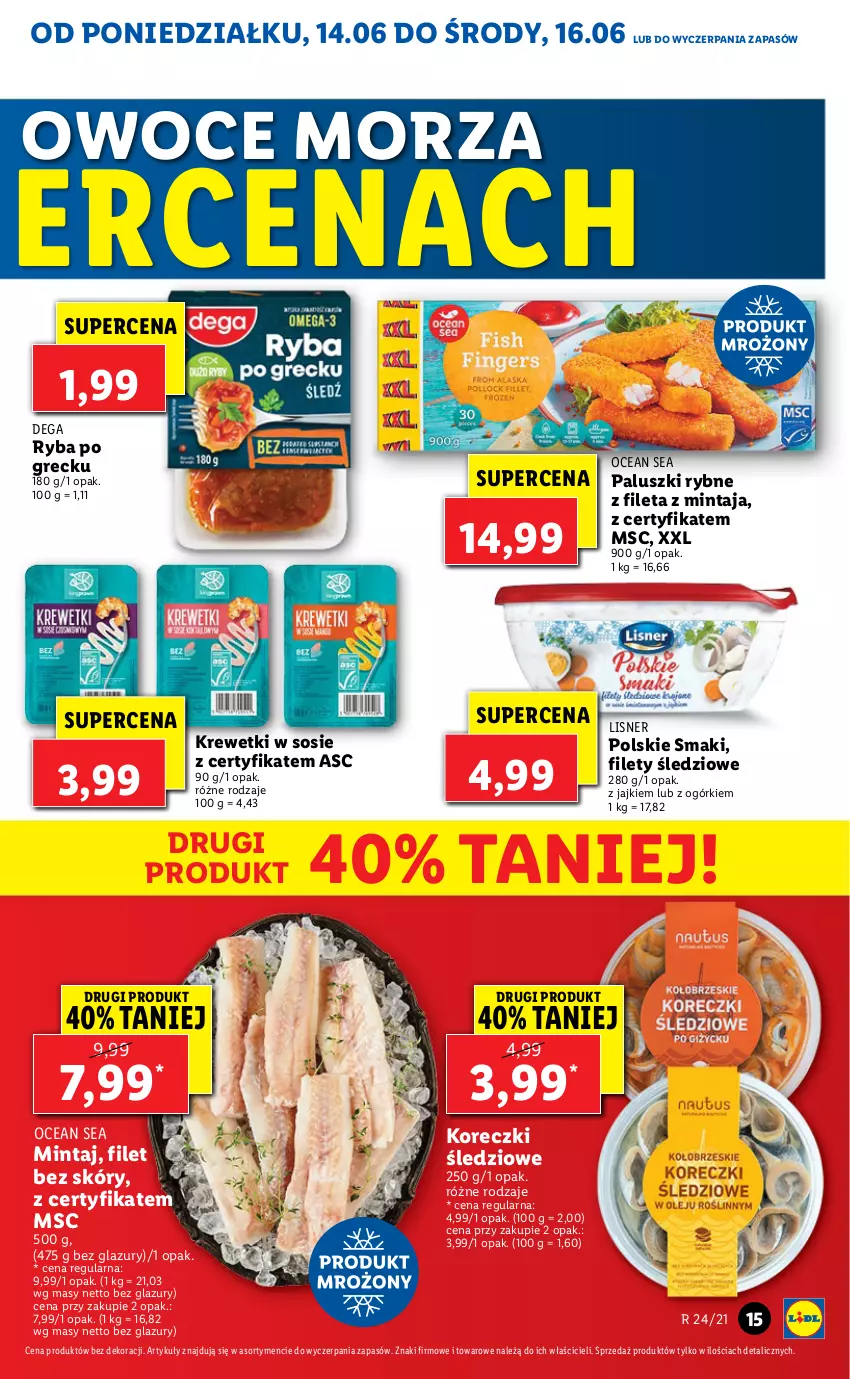 Gazetka promocyjna Lidl - GAZETKA - ważna 14.06 do 16.06.2021 - strona 15 - produkty: Dega, Koreczki śledziowe, Krewetki, Lazur, Lisner, Mintaj, Owoce, Owoce morza, Paluszki rybne, Ryba, Ryba po grecku, Sos