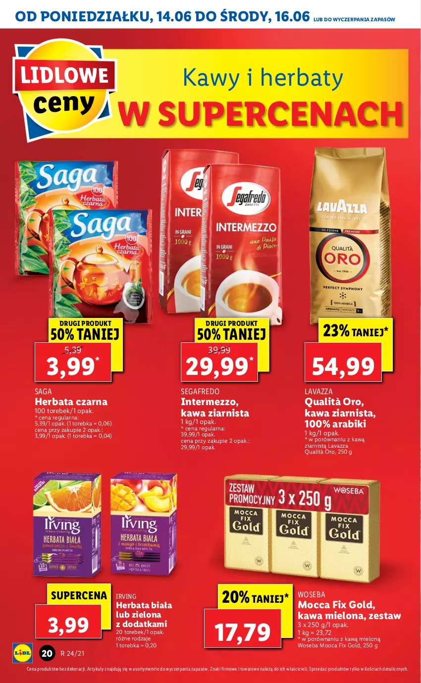 Gazetka promocyjna Lidl - GAZETKA - ważna 14.06 do 16.06.2021 - strona 20 - produkty: Herbata, Herbata czarna, Irving, Kawa, Kawa mielona, Kawa ziarnista, Lavazza, Mocca Fix Gold, Por, Saga, Segafredo, Torebka, Woseba