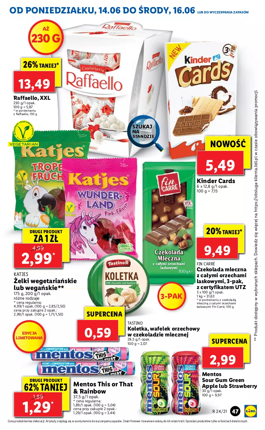 Gazetka promocyjna Lidl - GAZETKA - ważna 14.06 do 16.06.2021 - strona 47 - produkty: Czekolada, Czekolada mleczna, Fa, Kinder, Mentos, Por, Raffaello, Wafelek