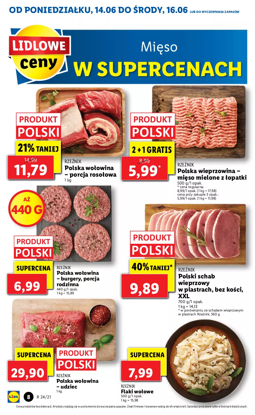 Gazetka promocyjna Lidl - GAZETKA - ważna 14.06 do 16.06.2021 - strona 8 - produkty: Burger, Flaki, Flaki wołowe, Gra, Mięso, Mięso mielone, Por, Schab wieprzowy, Wieprzowina, Wołowina