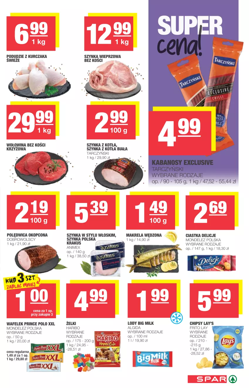 Gazetka promocyjna Spar - Eurospar - ważna 25.08 do 31.08.2021 - strona 3 - produkty: Algida, Big Milk, Chipsy, Ciastka, Delicje, Haribo, Krakus, Kurczak, Leon, LG, Lody, Podudzie z kurczaka, Polędwica, Prince Polo, Ser, Szynka, Tarczyński, Wafelek, Wołowina, Wołowina bez kości