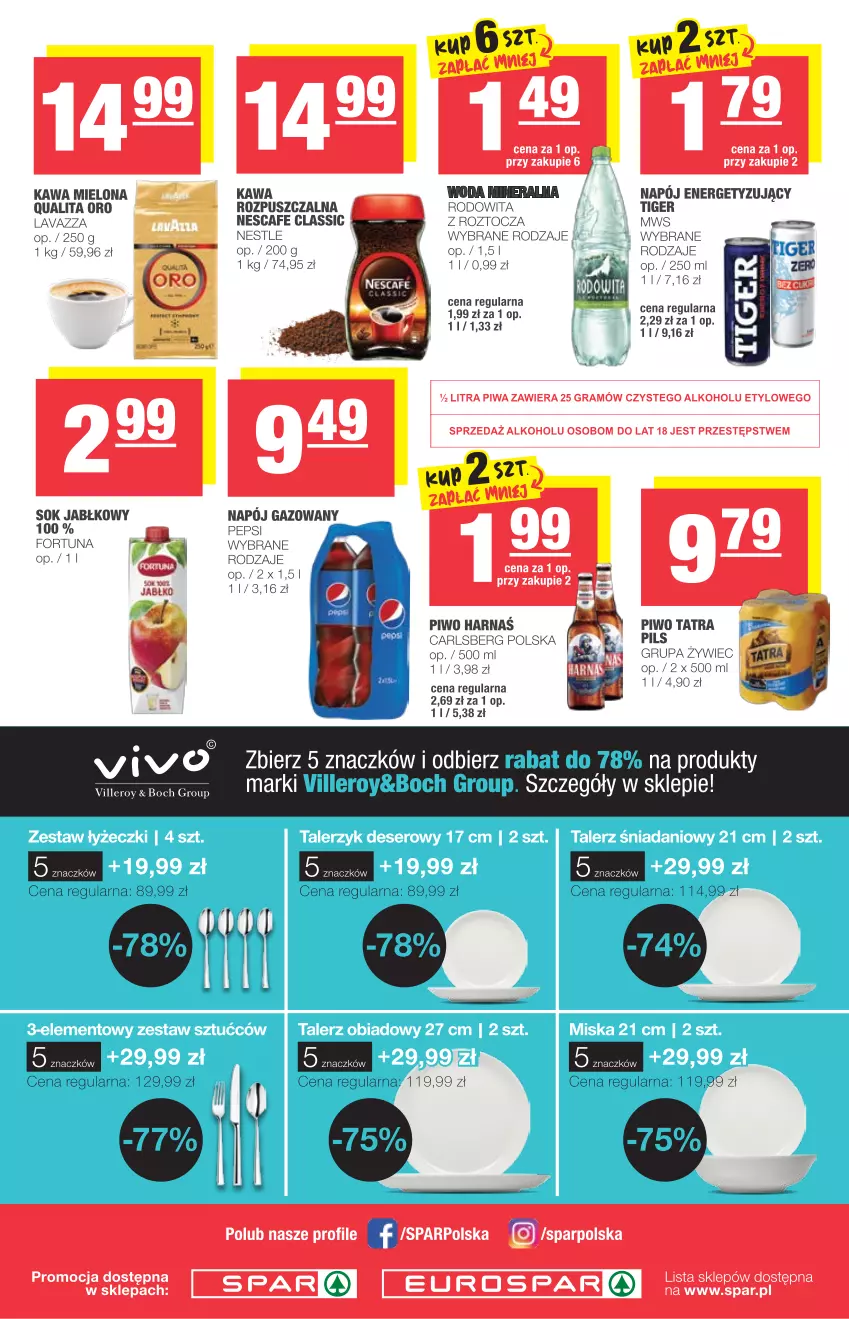 Gazetka promocyjna Spar - Eurospar - ważna 25.08 do 31.08.2021 - strona 4 - produkty: Carlsberg, Fortuna, Gra, Harnaś, Kawa, Kawa mielona, Lavazza, Napój, Napój gazowany, Pepsi, Piwa, Piwo, Sok, Sok jabłkowy, Tatra, Tiger, Woda, Woda mineralna