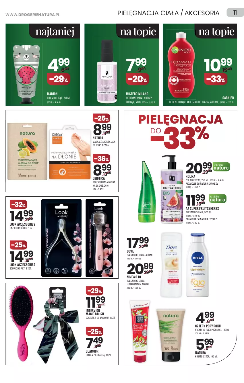 Gazetka promocyjna Drogerie Natura - Gazetka Drogerie Natura - ważna 25.03 do 07.04.2021 - strona 11 - produkty: Balsam do ciała, Cążki, Cążki do skórek, Dove, Garnier, Krem do rąk, Krem do stóp, Maska, Mleczko, Mleczko do ciała, Nivea, Nivea Q10, Perfum, Por, Regenerująca maska, Szczotka, Szczotka do włosów, Top