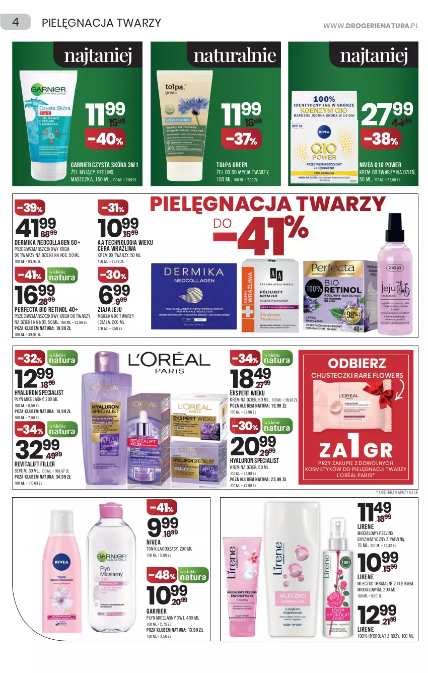 Gazetka promocyjna Drogerie Natura - Gazetka Drogerie Natura - ważna 25.03 do 07.04.2021 - strona 4 - produkty: Chusteczki, Dermika, Garnier, Hydrolat, Krem do twarzy, Krem na dzień, Lirene, Mars, Mgiełka do twarzy, Mleczko, Nivea, Nivea Q10, Olej, Peeling, Perfecta, Płyn micelarny, Rum, Ser, Serum, Tołpa, Tonik, Ziaja